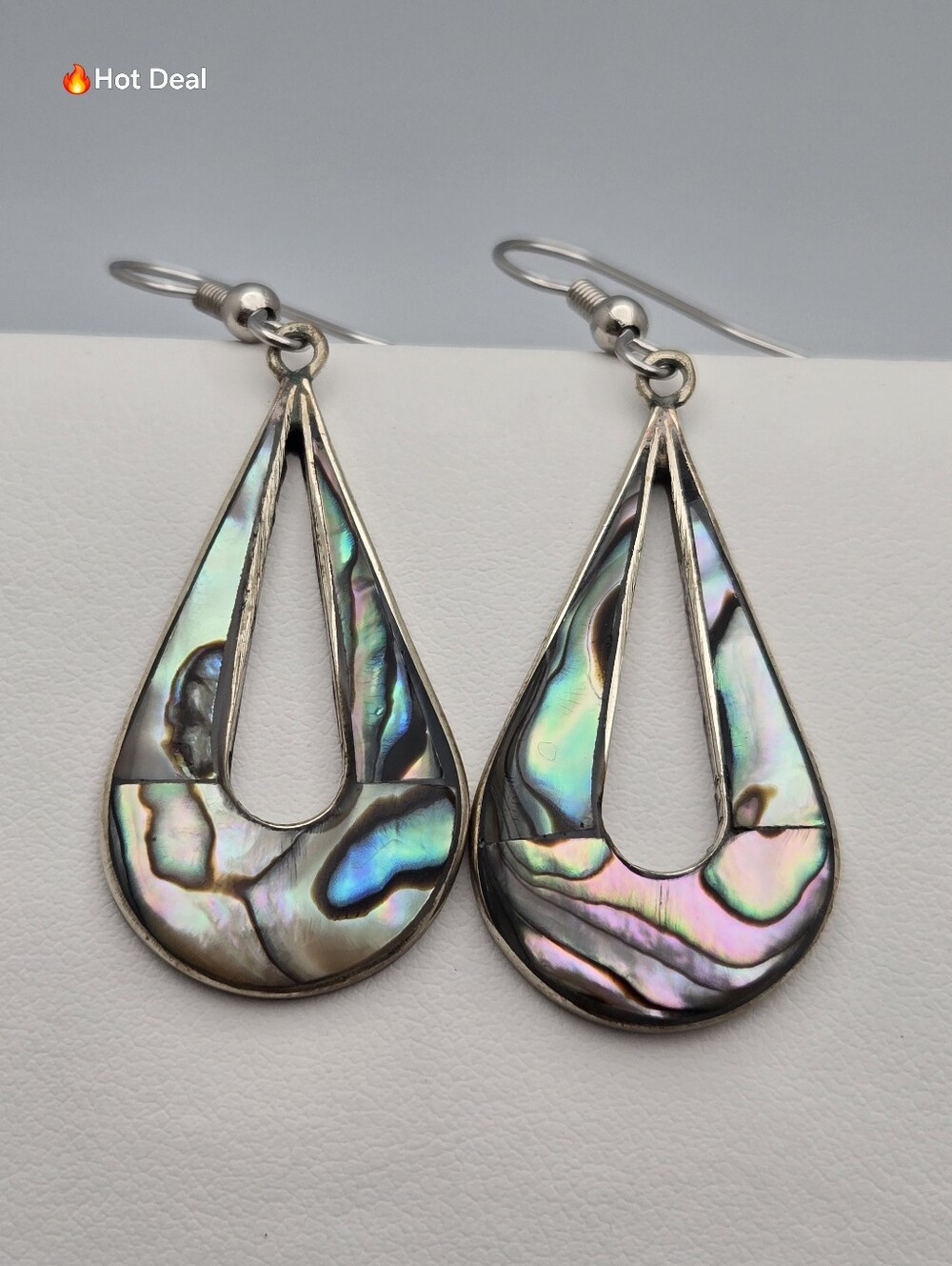 Mexican Alpaca Abalone Shell Teardrop Earrings Blue Green Iridescent 2"